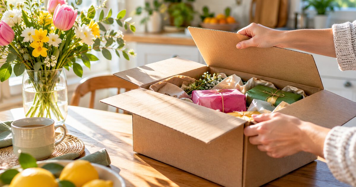 Opening a parcel of wrapped gifts on a sunny kitchen table