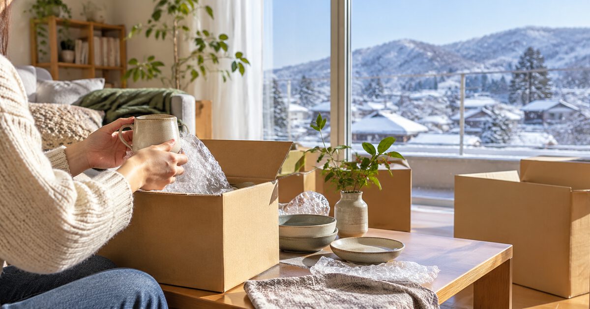 Unpacking dishes on moving day in a bright apartment, with snow on the rooftops outside