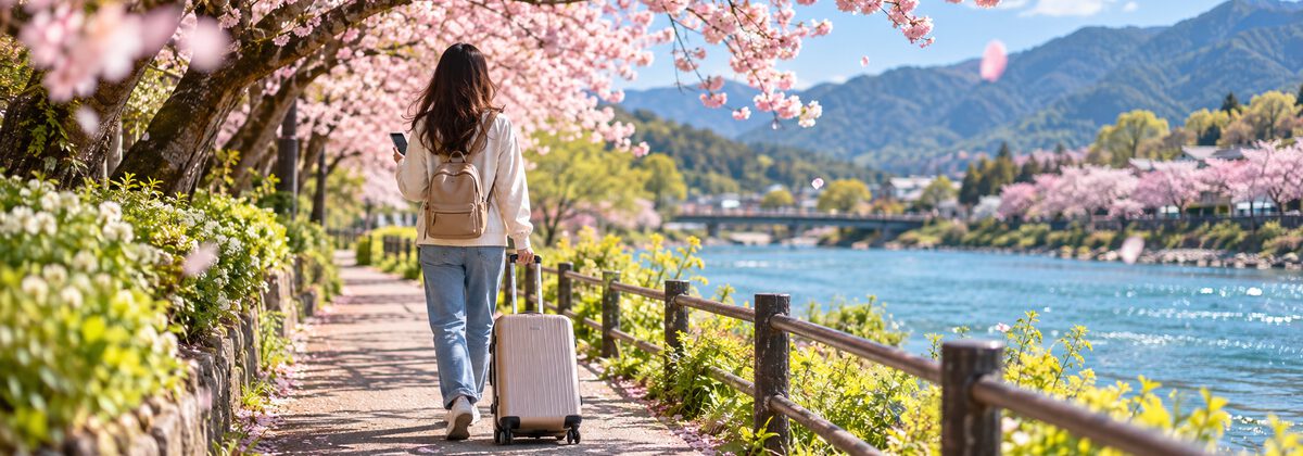 A traveler with a suitcase walking along a riverside path under cherry blossoms in Japan